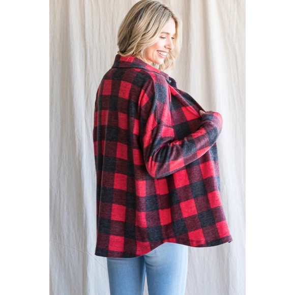 SOLD OUT Red Checker Plaid Buffalo Print Button Down Long Sleeve Casual Top - Picture 3 of 5